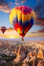 Colorful balloons, Cappadocia take to the sky, offering an aerial adventure over the breathtaking Rocky Mountains