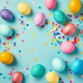 Colorful balloons and confetti on blue table, generative AI Royalty Free Stock Photo