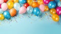 Colorful balloons and confetti on blue table top view. Generative Ai Royalty Free Stock Photo