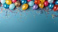 Colorful balloons and confetti on blue table top view. Generative Ai Royalty Free Stock Photo
