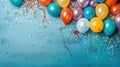 Colorful balloons and confetti on blue table top view. Generative Ai Royalty Free Stock Photo