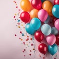 Colorful balloons and confetti on pink background. Birthday or party mockup festive greeting card Royalty Free Stock Photo