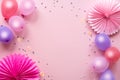 Colorful balloons and confetti on pink table top view. Birthday, holiday or party background. Flat lay style.