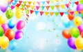 Colorful balloons, confetti, streamers and party flags on blue background with bokeh. Vector illustration Royalty Free Stock Photo