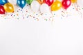 Colorful balloons with confetti and streamers on white background Royalty Free Stock Photo