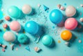 Colorful balloons and dejat confetti on blue table, birthday background. Generative AI Royalty Free Stock Photo