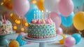 Celebrating with Colorful Balloons and Birthday Cake - This image captures the joy and excitement of a birthday party Royalty Free Stock Photo