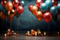 Colorful balloons float at the top of the image on the dark, empty wall. There were several candles of various sizes on the floor