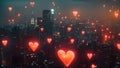 Colorful Balloons Floating Above a Bustling Cityscape, Luminous heart-shaped lanterns floating over a darkened cityscape