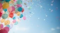 Colorful Balloons And Floating Confetti Against Backdrop Of Clear Sky