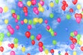 Colorful balloons flying in the blue sky with white clouds, color red, yellow,green,pink,blue, party festive holiday event, birthd Royalty Free Stock Photo