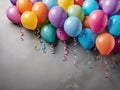 Colorful balloons hanging on grey wall. Party and celebration concept.