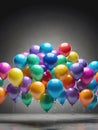 Colorful balloons hanging on grey wall. Party and celebration concept.