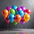 Colorful balloons hanging on grey wall. Party and celebration concept.