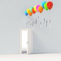 Colorful balloons holding sharp knives above an open door