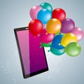 Colorful balloons and mobile phone. Royalty Free Stock Photo