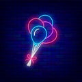 Colorful balloons neon sign. Present emblem. Happy Birthday concept. Glowing effect banner. Vector stock illustration