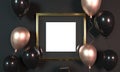 Colorful balloons next to golden picture frame in front of wall. 3D Rendering. Mock up golden picture frame. Party banner design Royalty Free Stock Photo