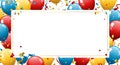 Colorful balloons in red, blue, and yellow border a blank white rectangular space Royalty Free Stock Photo
