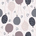 Colorful balloons seamless pattern with heart outline details. Light chequered background Royalty Free Stock Photo