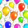 Colorful balloons with serpantin and confetti seamless pattern on white