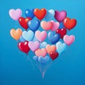 Colorful balloons in the shape of hearts, joined by strings on a blue background. Heart as a symbol of affectid love