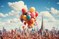 Colorful Balloons Soaring Across Urban Skyline