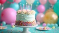 Colorful balloons, streamers, and a birthday cake create a cheerful ambiance