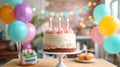 Colorful balloons, streamers, and a birthday cake create a cheerful ambiance
