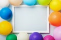 Colorful balloons and white frame on blue wooden table top view. Mockup for planning birthday or party. Flat lay style.