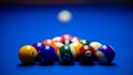 Colorful balls on a blue pool table. Set up and ready to play. Selective focus Royalty Free Stock Photo