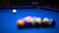 Colorful balls on a blue pool table. Set up and ready to play. Selective focus Royalty Free Stock Photo