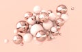 Colorful balls 3d rendering. Chaotic spheres geometric abstract background, primitive shapes, minimalistic design, pink and rose