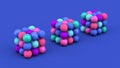 Colorful balls set. Three abstract cubes. Blue background. 3d render