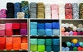 Colorful Balls Of Wool On Shelves. Variety of knitting yarns. Different Yarn balls in multiple colors. Royalty Free Stock Photo