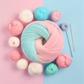 Colorful balls of yarn with knitting needles placed in a circle. Rings, skeins of wool. Logo, Tools for knitting, hand made Royalty Free Stock Photo