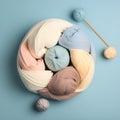 Colorful balls of yarn with knitting needles placed in a circle. Rings, skeins of wool. Logo, Tools for knitting, hand made Royalty Free Stock Photo