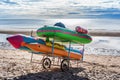 Colorful banana boats on wheels on the beach for tourists travel on summer vacation