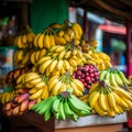 Colorful bananas in market outdoor. Generative AI Royalty Free Stock Photo