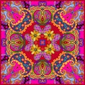 Colorful bandana print with paisley and flowers. Bright square design for scarf, kerchief. Home textile with ethnic motifs Royalty Free Stock Photo