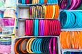 Colorful bangles on display in a market