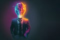 colorful banner of businessman with light bulb replacing head. Intelligence, creativity in business. Copy space. Generative AI