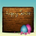 Colorful banner for easter sale and spring Happy Easter background with realistic wooden sign, colorful eggs, and apple flowers, Royalty Free Stock Photo