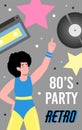 Colorful banner for retro 80s disco party with cartoon vector illustration. Royalty Free Stock Photo