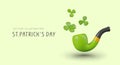 Colorful banner for St. Patrick Day. Realistic green pipe, three leaf and four leaf clover