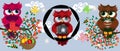 Colorful banner, sticker with three bright owls with knitting, coffee, camera on branches with flowers, flags, holiday