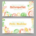 Colorful Banner template collection with hand drawn medicine herbs and kitchen elements in sketch style. Best for naturopathy medi