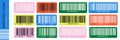 Colorful bar code icon set with rounded rectangle labels. Multicolor barcode stickers with numbers for product scanning and Royalty Free Stock Photo