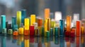 Colorful bar graph reflecting on glass surface showcases data analysis and representation in a modern setting Royalty Free Stock Photo