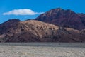 Colorful, barren desert mountain peaks with contrasting areas of light and shadow under a blue sky with white puffy clouds